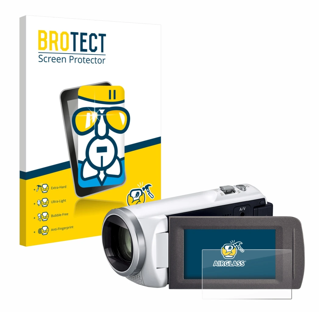 Face avant d’un emballage produit avec le logo de la marque BROTECT. À côté, l’appareil Panasonic HC-V480MS est représenté ave