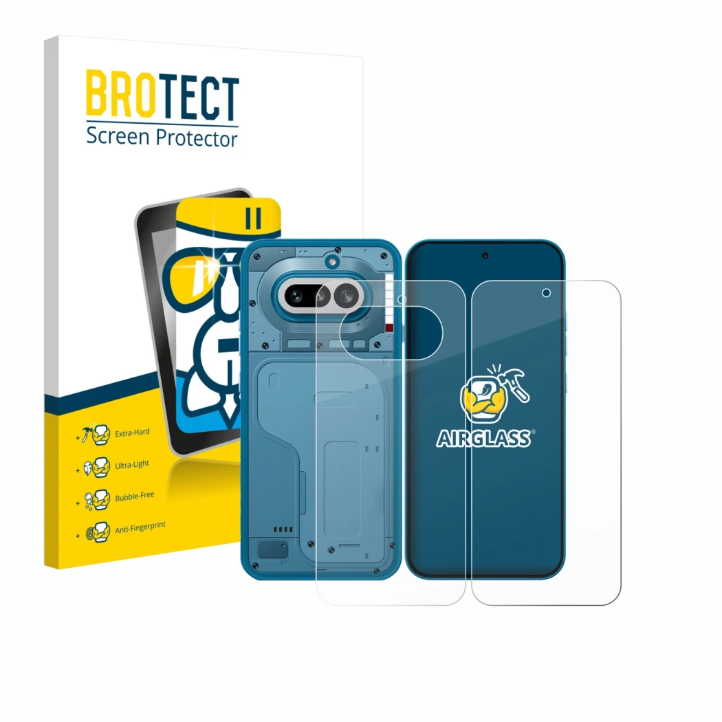 Face avant d’un emballage produit avec le logo de la marque BROTECT. À côté, l’appareil Nothing Phone (4a) (Avant+Arrière) est