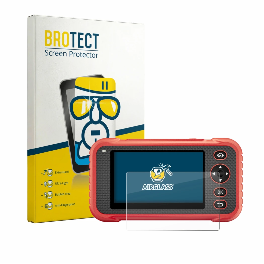 Face avant d’un emballage produit avec le logo de la marque BROTECT. À côté, l’appareil Launch CRP129E Plus est représenté ave