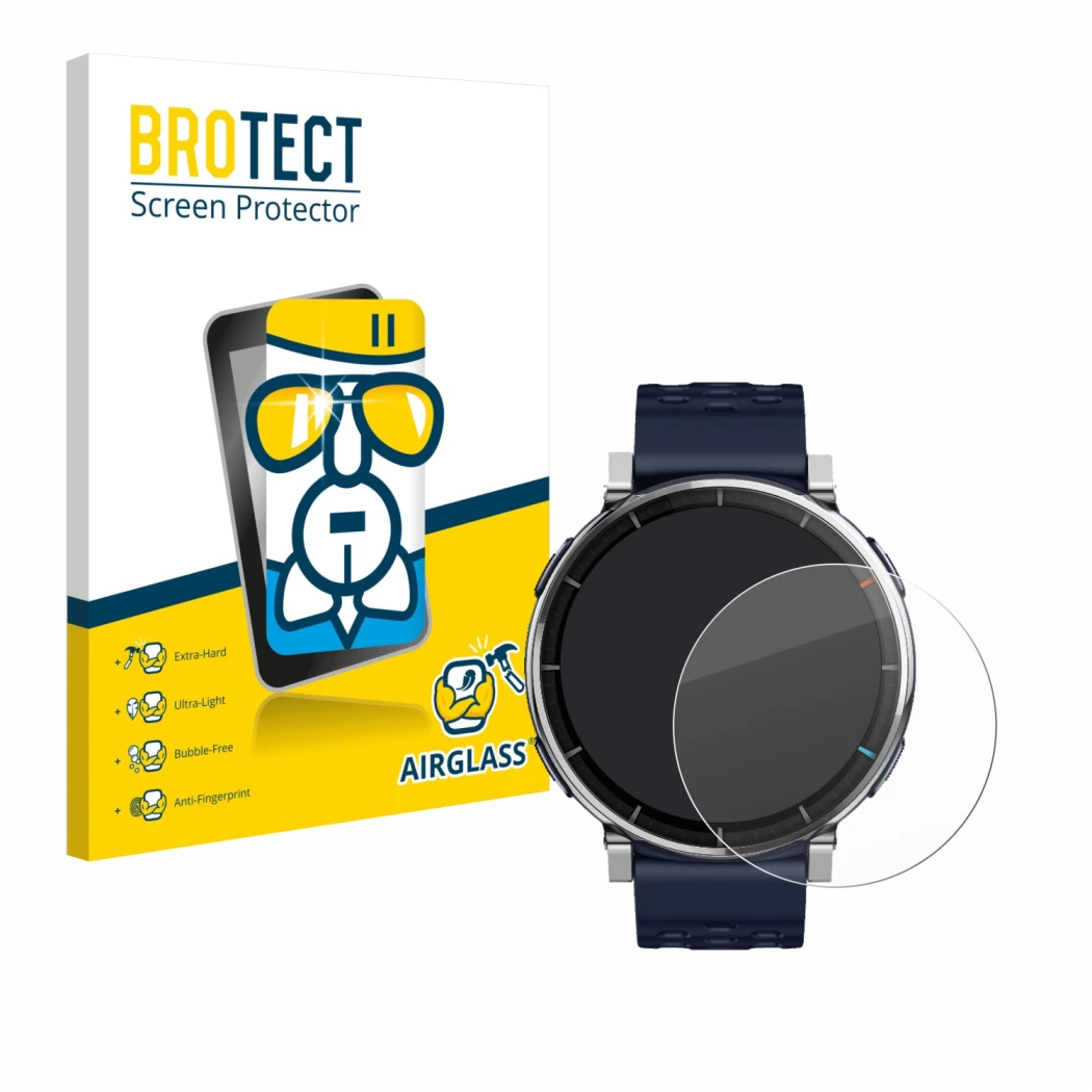 Face avant d’un emballage produit avec le logo de la marque BROTECT. À côté, l’appareil Amazfit Active 3 Premium est représent
