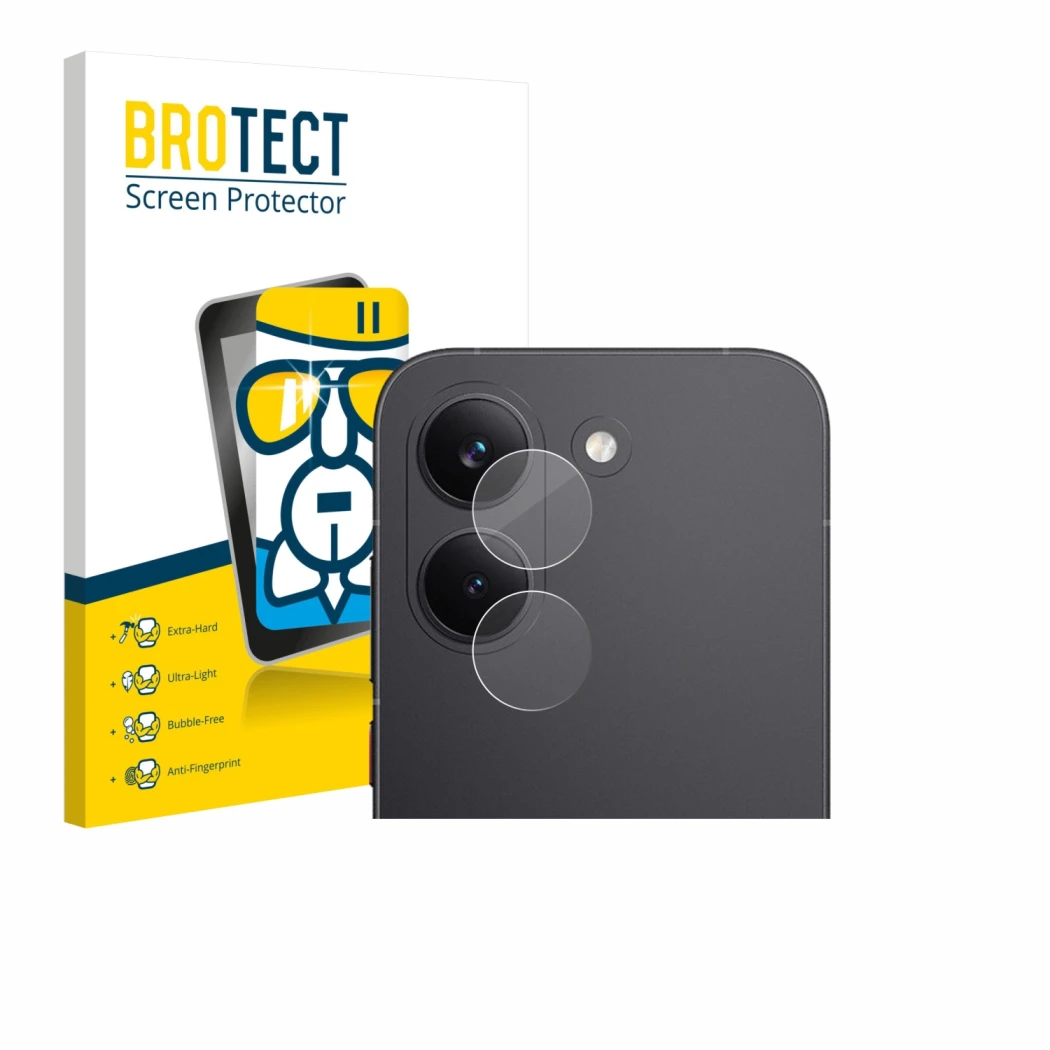 Face avant d’un emballage produit avec le logo de la marque BROTECT. À côté, l’appareil Xiaomi Poco X8 Pro (Caméra UNIQUEMENT)
