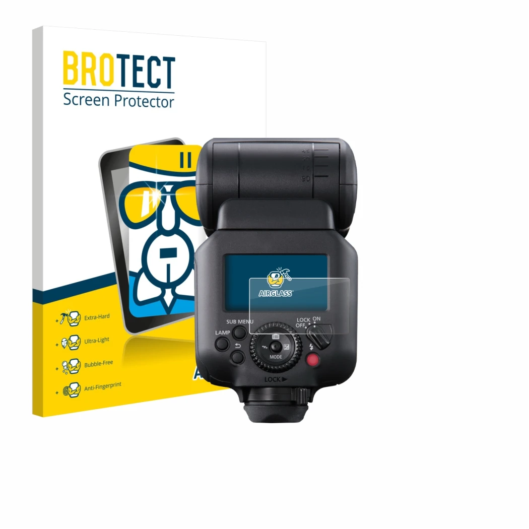 Face avant d’un emballage produit avec le logo de la marque BROTECT. À côté, l’appareil Canon Speedlite EL-5 est représenté av