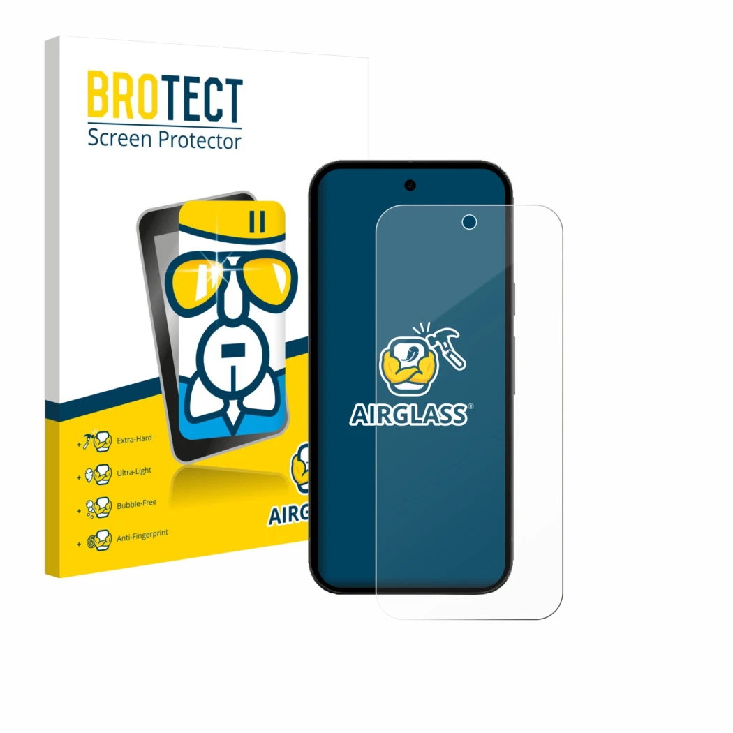 Face avant d’un emballage produit avec le logo de la marque BROTECT. À côté, l’appareil Google Pixel 10a (case-friendly) est r