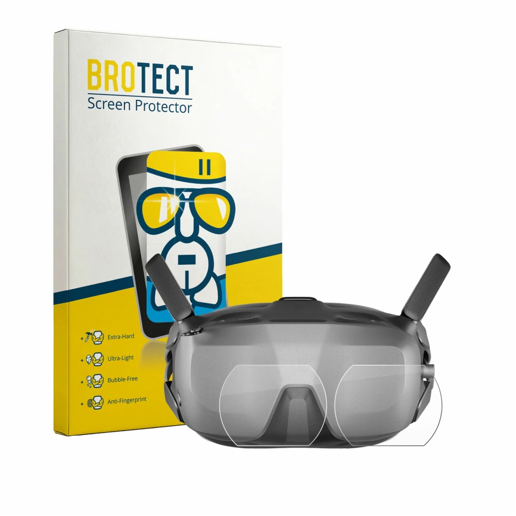 Face avant d’un emballage produit avec le logo de la marque BROTECT. À côté, l’appareil DJI Goggles N3 (Lentille) est représen