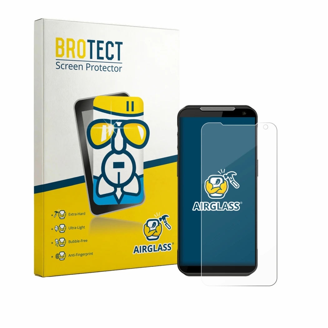 Face avant d’un emballage produit avec le logo de la marque BROTECT. À côté, l’appareil Point Mobile MF52 est représenté avec 