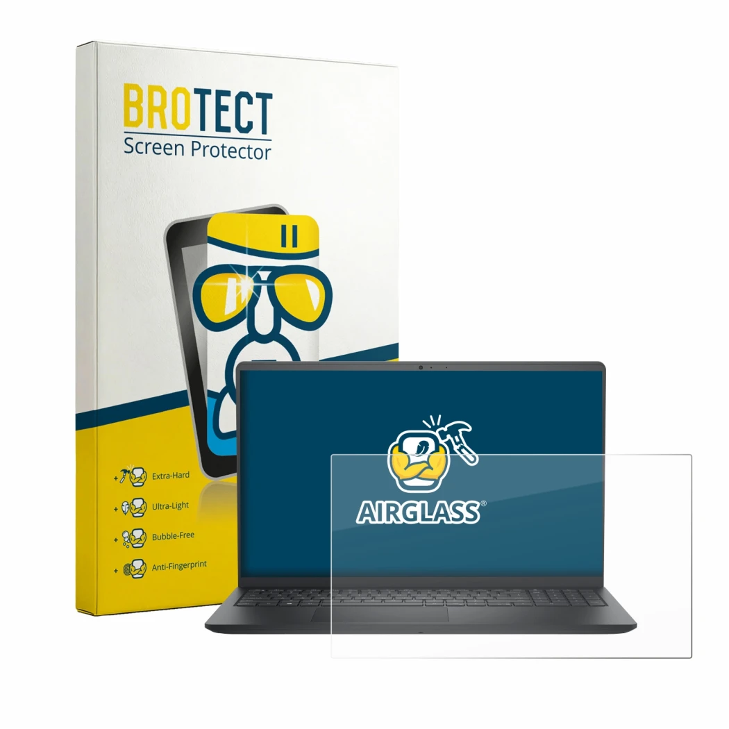 Face avant d’un emballage produit avec le logo de la marque BROTECT. À côté, l’appareil Dell Pro 15 Essential PV15250 est repr