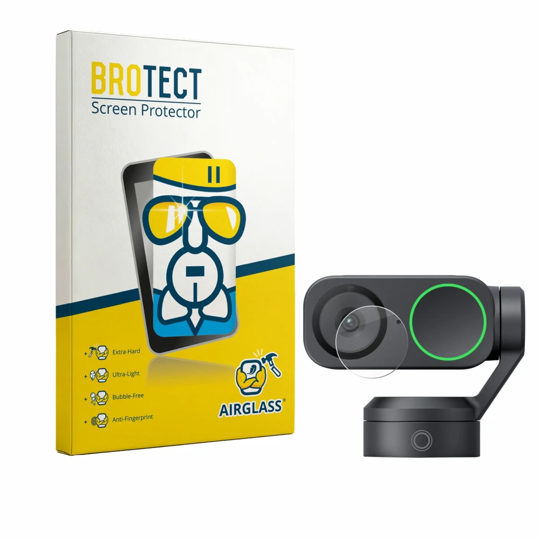Face avant d’un emballage produit avec le logo de la marque BROTECT. À côté, l’appareil Insta360 Link 2 (Lentille) est représe