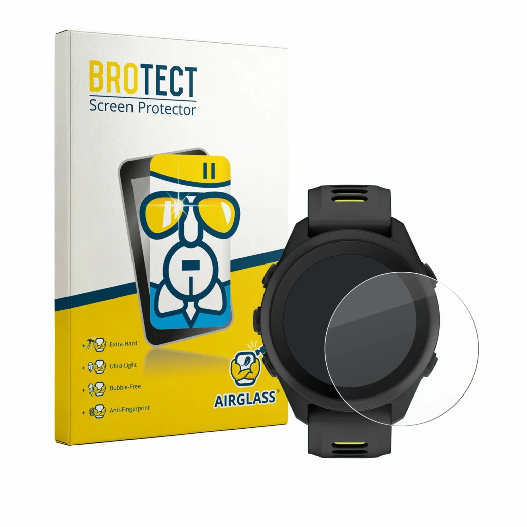 Face avant d’un emballage produit avec le logo de la marque BROTECT. À côté, l’appareil Garmin Forerunner 170 est représenté a
