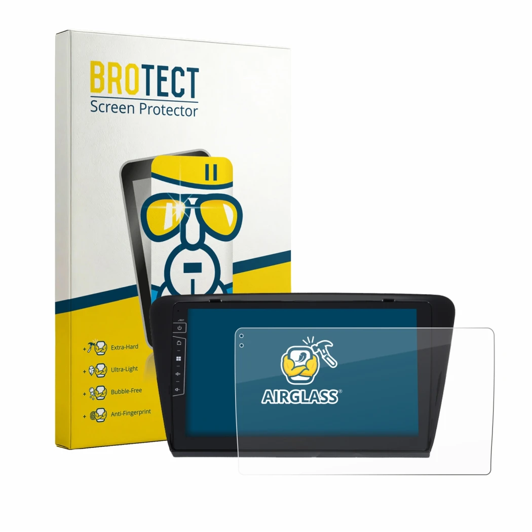 Face avant d’un emballage produit avec le logo de la marque BROTECT. À côté, l’appareil Dynavin D9-7 Premium Flex est représen