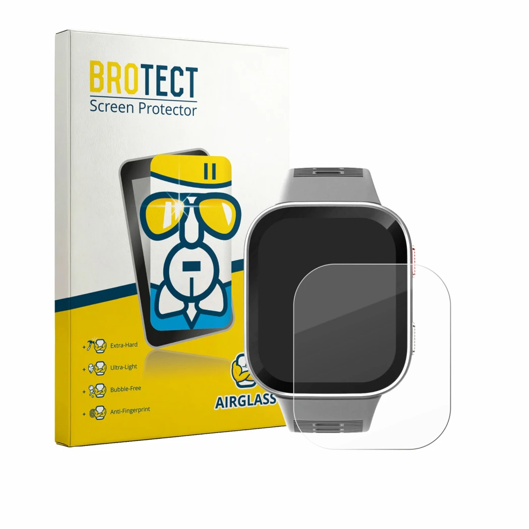 Face avant d’un emballage produit avec le logo de la marque BROTECT. À côté, l’appareil Amazfit Bip Max est représenté avec la