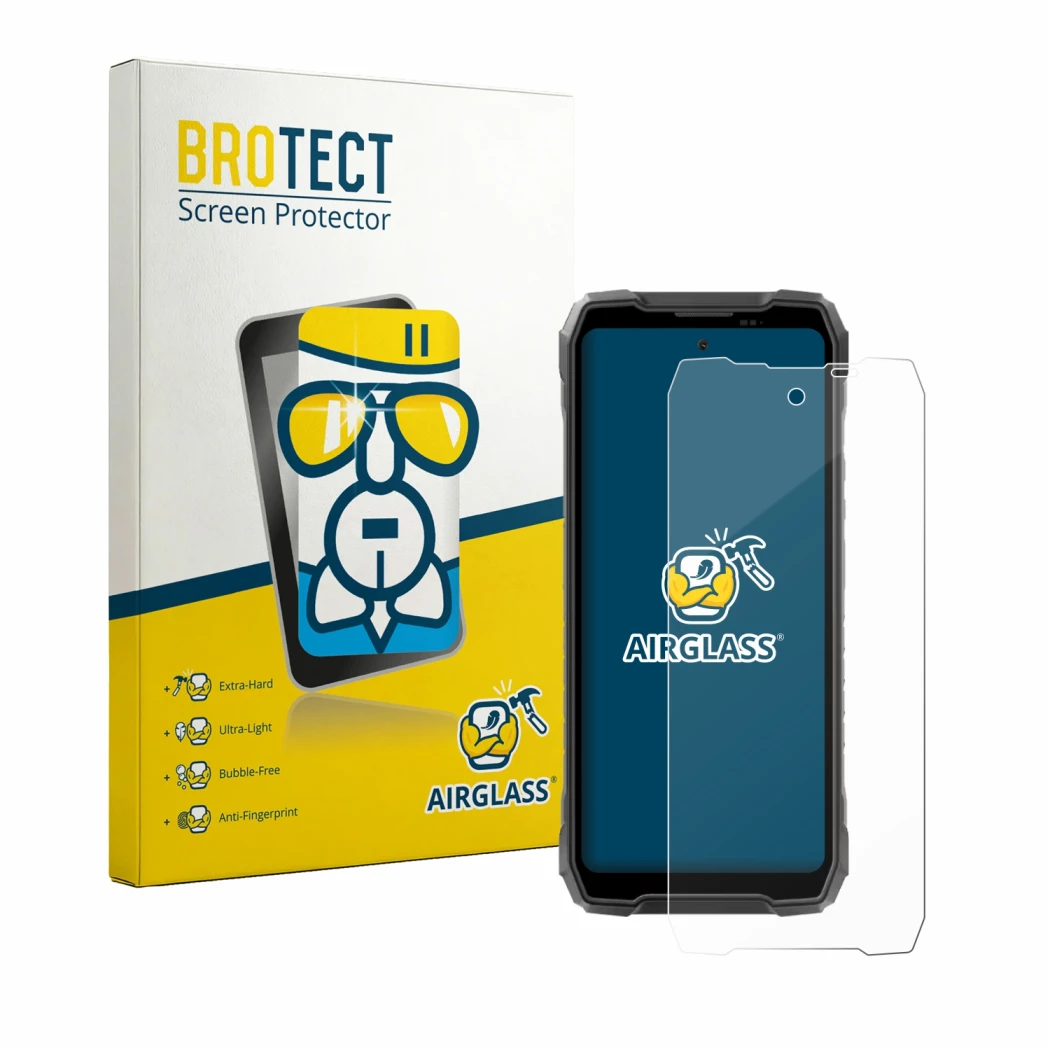 Face avant d’un emballage produit avec le logo de la marque BROTECT. À côté, l’appareil Blackview Rock 5 est représenté avec l