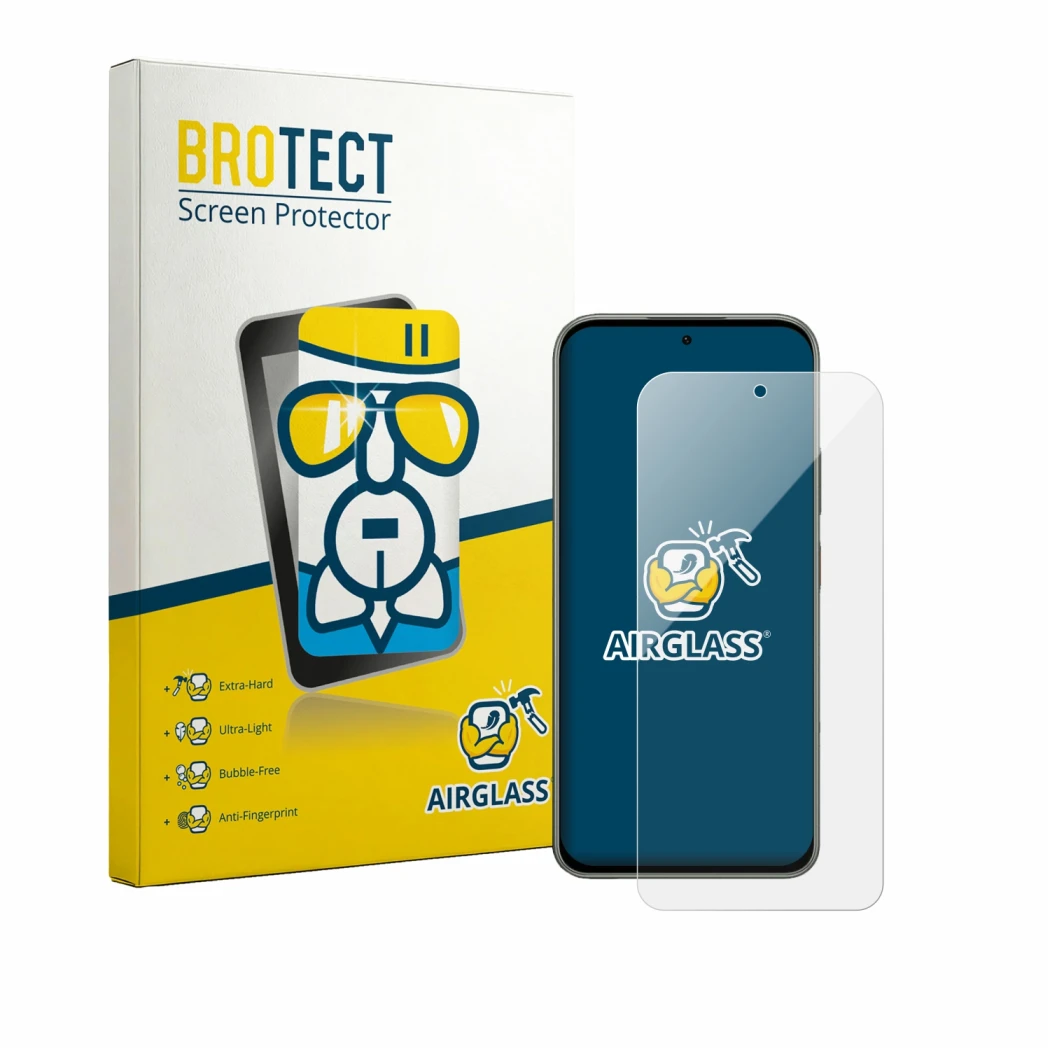 Face avant d’un emballage produit avec le logo de la marque BROTECT. À côté, l’appareil Tecno Pova 8 est représenté avec la pr