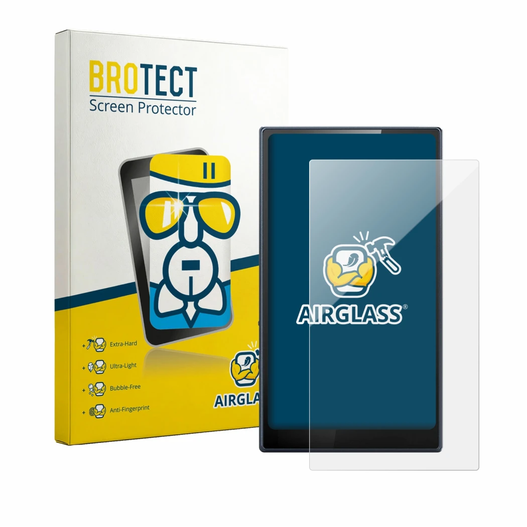 Face avant d’un emballage produit avec le logo de la marque BROTECT. À côté, l’appareil FiiO M21 est représenté avec la protec