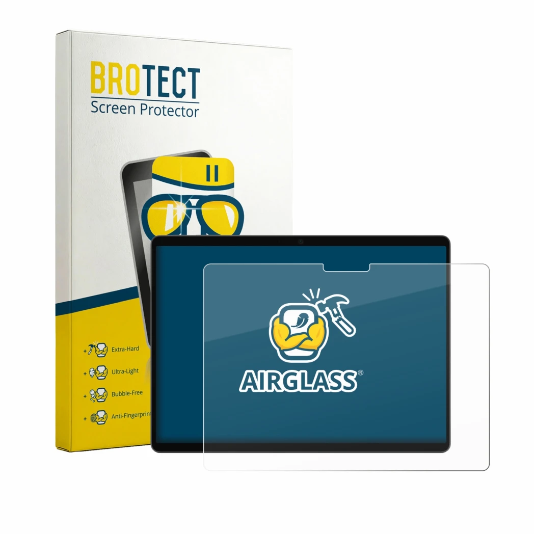 Face avant d’un emballage produit avec le logo de la marque BROTECT. À côté, l’appareil Microsoft Surface Pro 13 2026 est repr