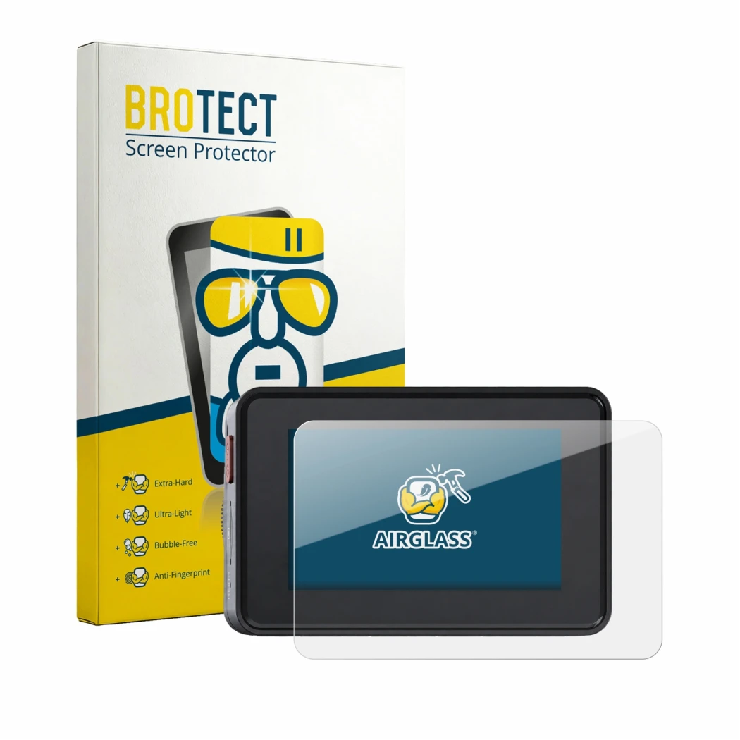 Face avant d’un emballage produit avec le logo de la marque BROTECT. À côté, l’appareil Vantrue Element 2 est représenté avec