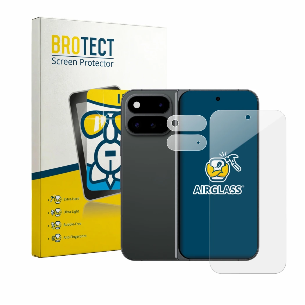 Face avant d’un emballage produit avec le logo de la marque BROTECT. À côté, l’appareil Google Pixel 11 Pro Fold (Avant+Caméra