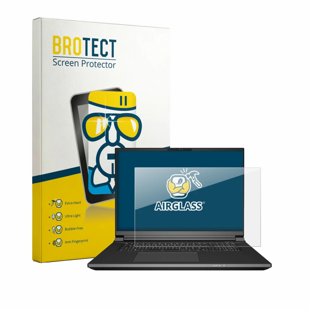 Face avant d’un emballage produit avec le logo de la marque BROTECT. À côté, l’appareil Schenker KEY 18 Pro E25 est représenté
