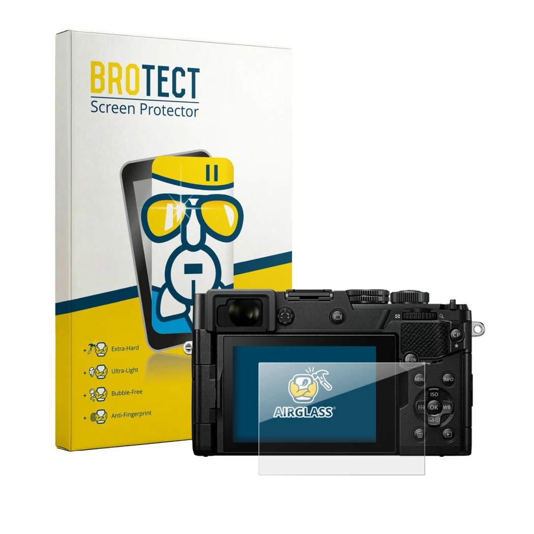 Face avant d’un emballage produit avec le logo de la marque BROTECT. À côté, l’appareil OM System PEN est représenté avec la p