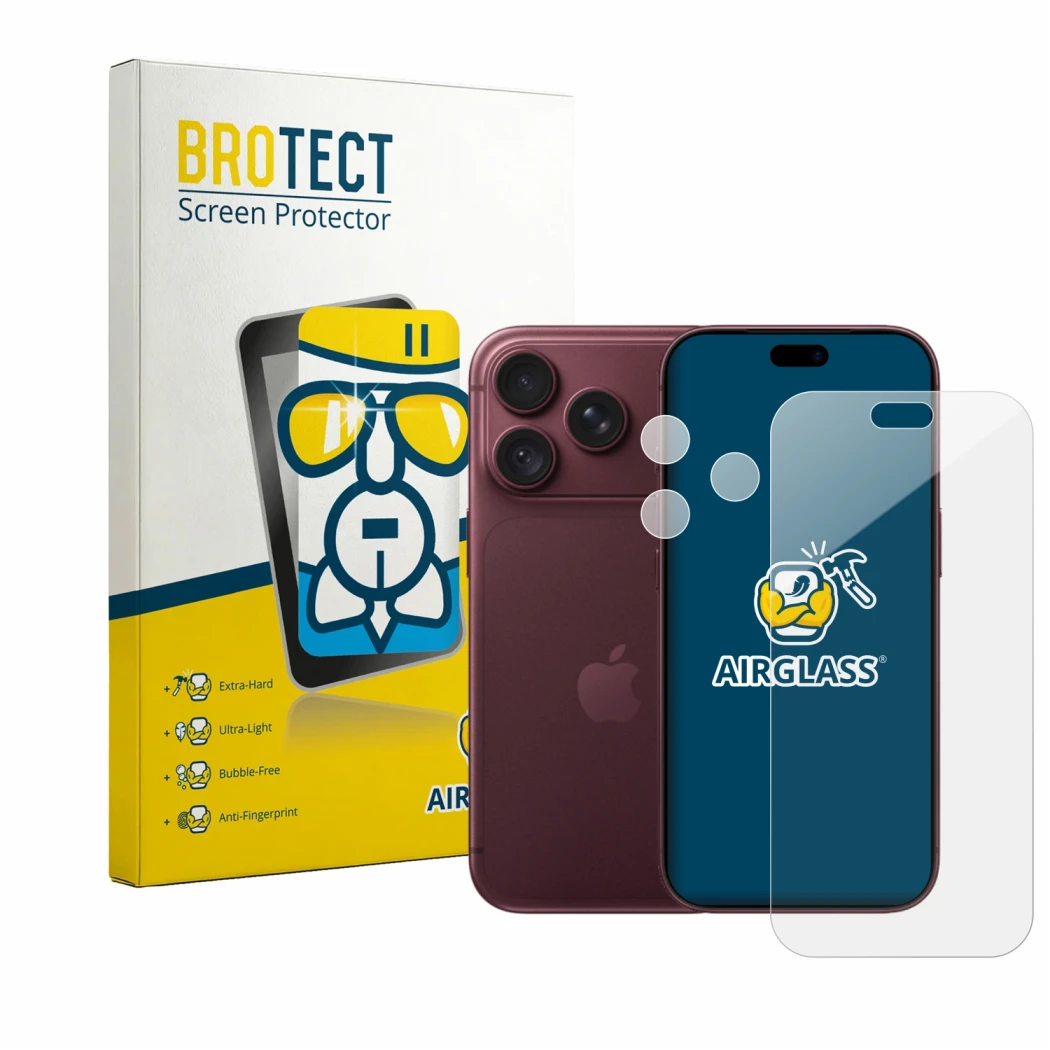 Face avant d’un emballage produit avec le logo de la marque BROTECT. À côté, l’appareil Apple iPhone 18 Pro (Avant+Caméra) est