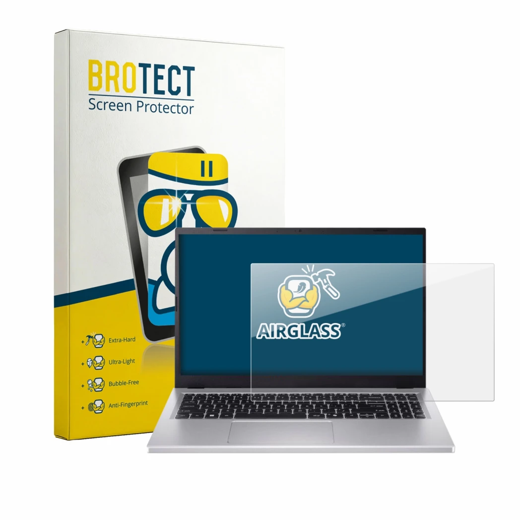 Face avant d’un emballage produit avec le logo de la marque BROTECT. À côté, l’appareil Acer Extensa 15 est représenté avec la