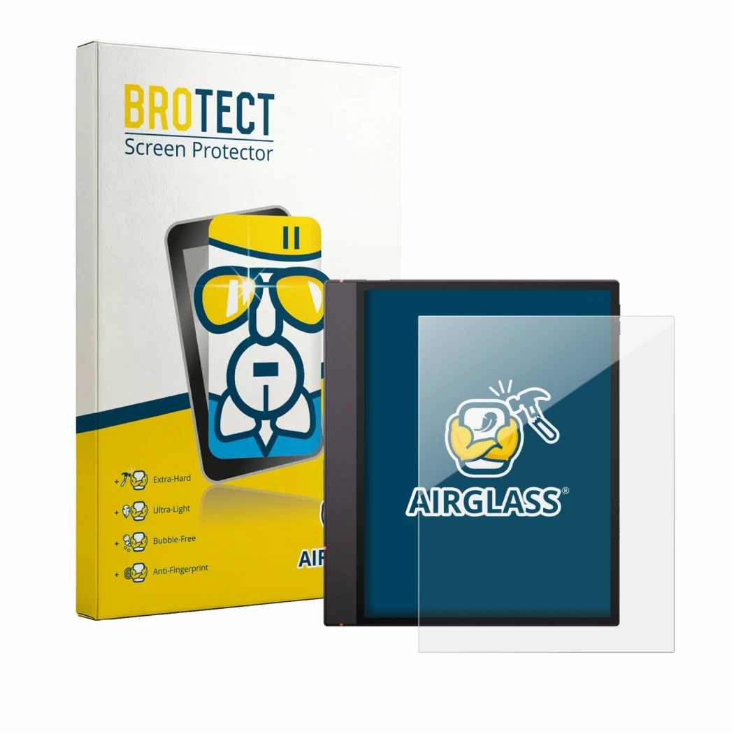 Face avant d’un emballage produit avec le logo de la marque BROTECT. À côté, l’appareil Boox Note Air 6 C est représenté avec