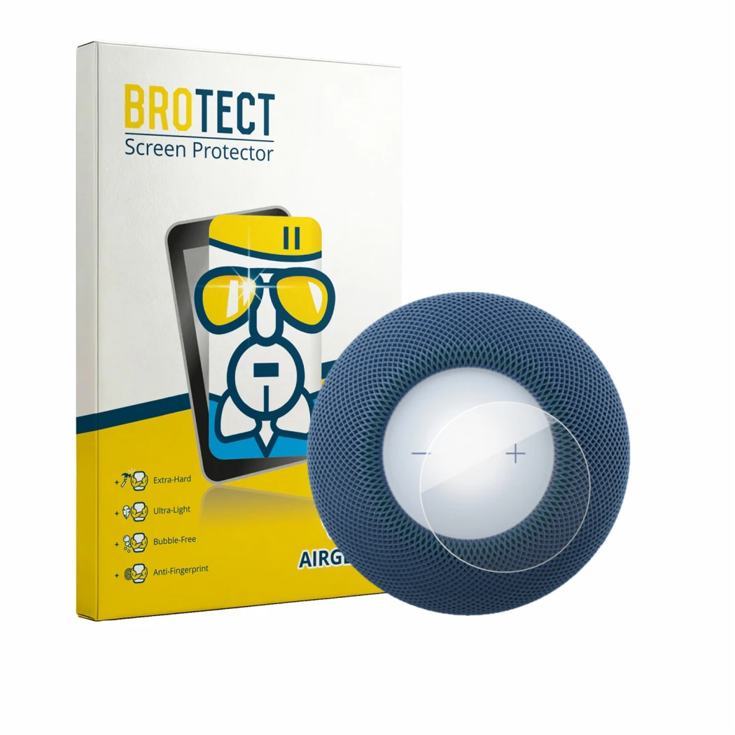 Face avant d’un emballage produit avec le logo de la marque BROTECT. À côté, l’appareil Apple HomePod mini 2 est représenté av