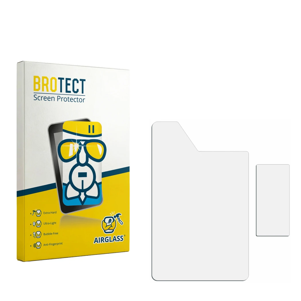 Face avant d’un emballage produit avec le logo de la marque BROTECT. À côté se trouve la protection d’écran correspondante.
