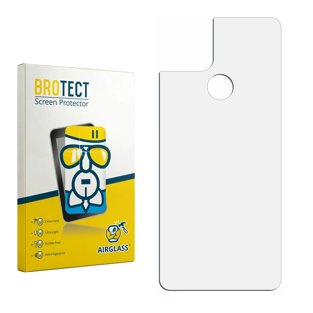 Face avant d’un emballage produit avec le logo de la marque BROTECT. À côté se trouve la protection d’écran correspondante.