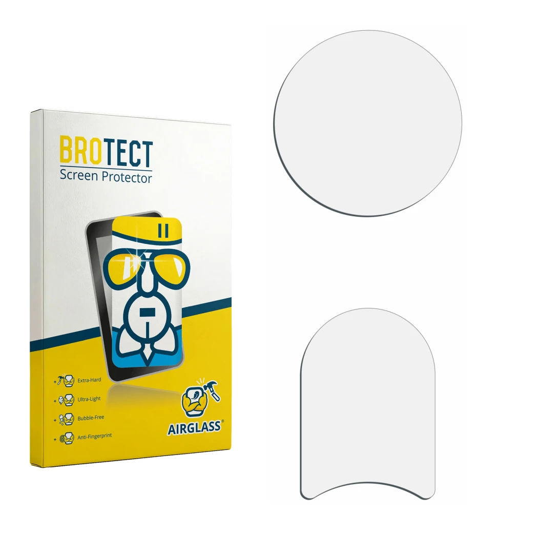 Face avant d’un emballage produit avec le logo de la marque BROTECT. À côté se trouve la protection d’écran correspondante.