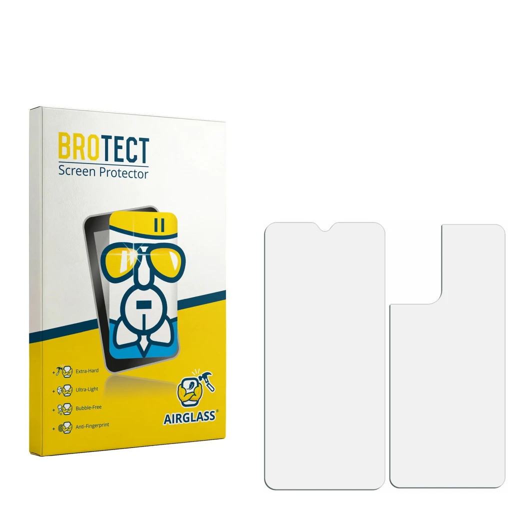 Face avant d’un emballage produit avec le logo de la marque BROTECT. À côté se trouve la protection d’écran correspondante.