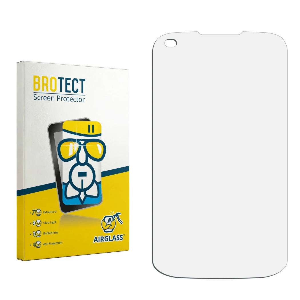 Face avant d’un emballage produit avec le logo de la marque BROTECT. À côté se trouve la protection d’écran correspondante.