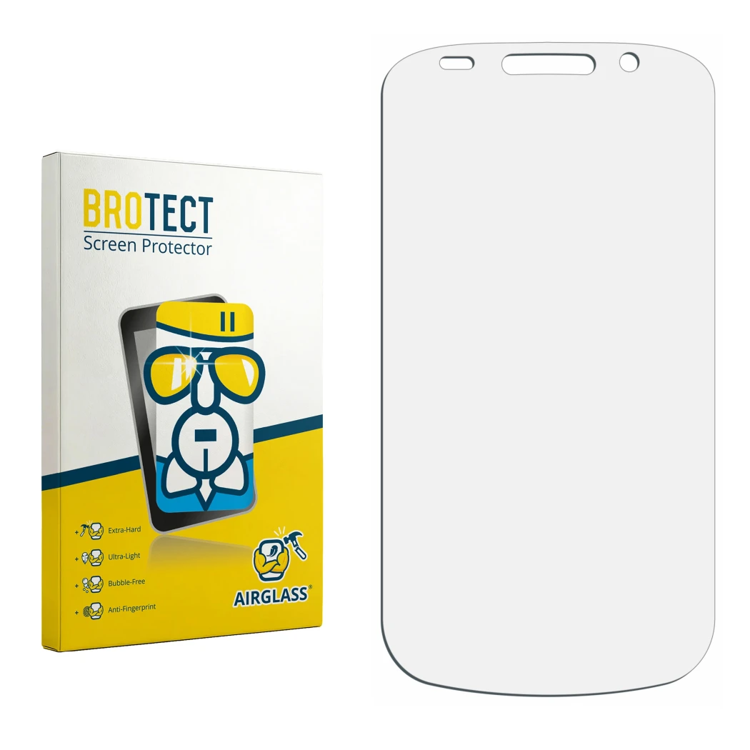 Face avant d’un emballage produit avec le logo de la marque BROTECT. À côté se trouve la protection d’écran correspondante.