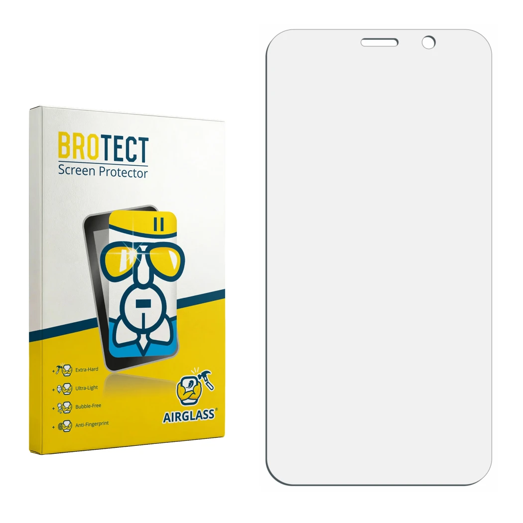 Face avant d’un emballage produit avec le logo de la marque BROTECT. À côté se trouve la protection d’écran correspondante.