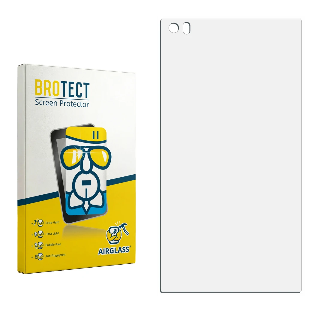 Face avant d’un emballage produit avec le logo de la marque BROTECT. À côté se trouve la protection d’écran correspondante.