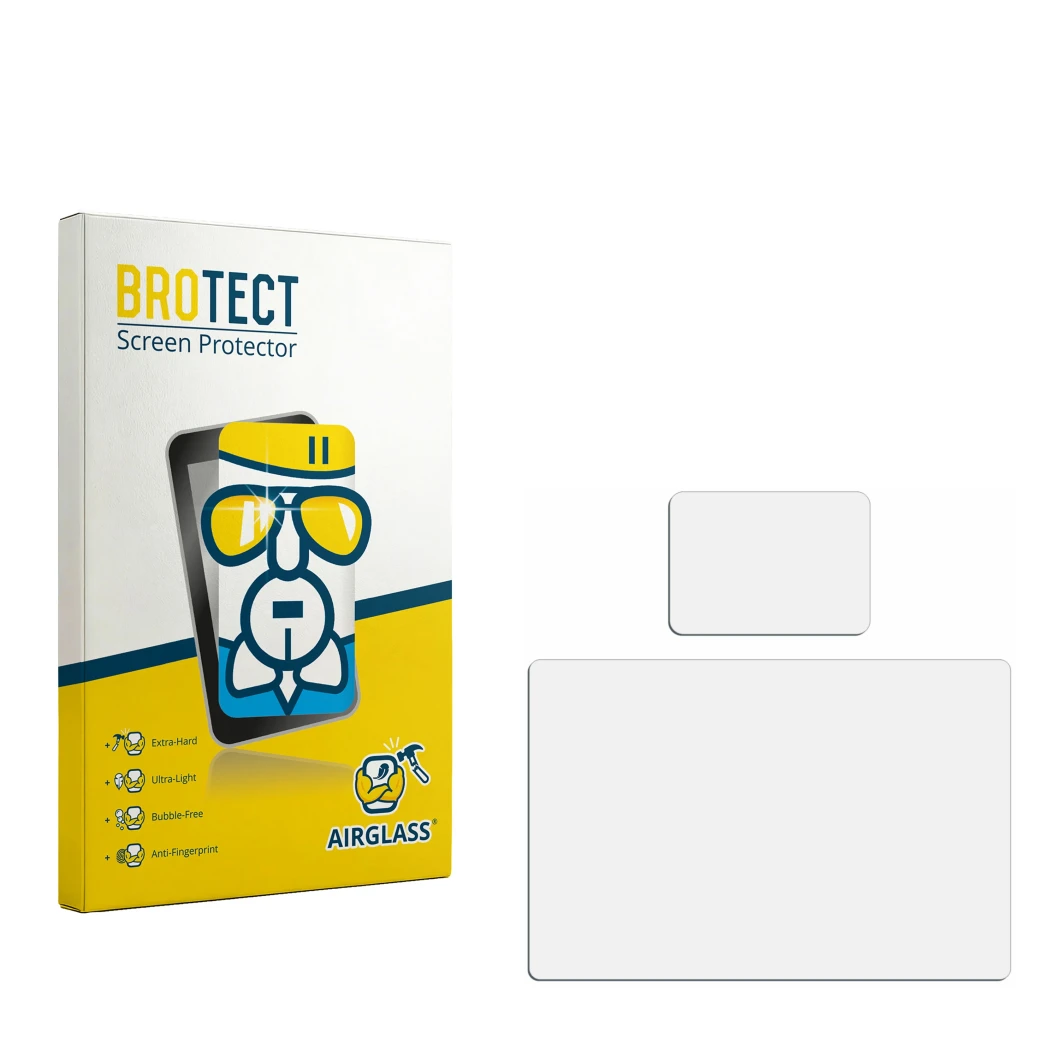 Face avant d’un emballage produit avec le logo de la marque BROTECT. À côté se trouve la protection d’écran correspondante.