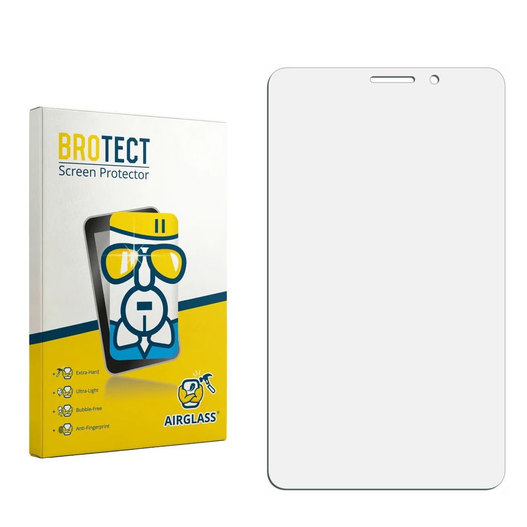 Face avant d’un emballage produit avec le logo de la marque BROTECT. À côté se trouve la protection d’écran correspondante.