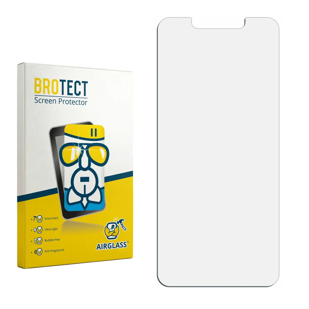 Face avant d’un emballage produit avec le logo de la marque BROTECT. À côté se trouve la protection d’écran correspondante.
