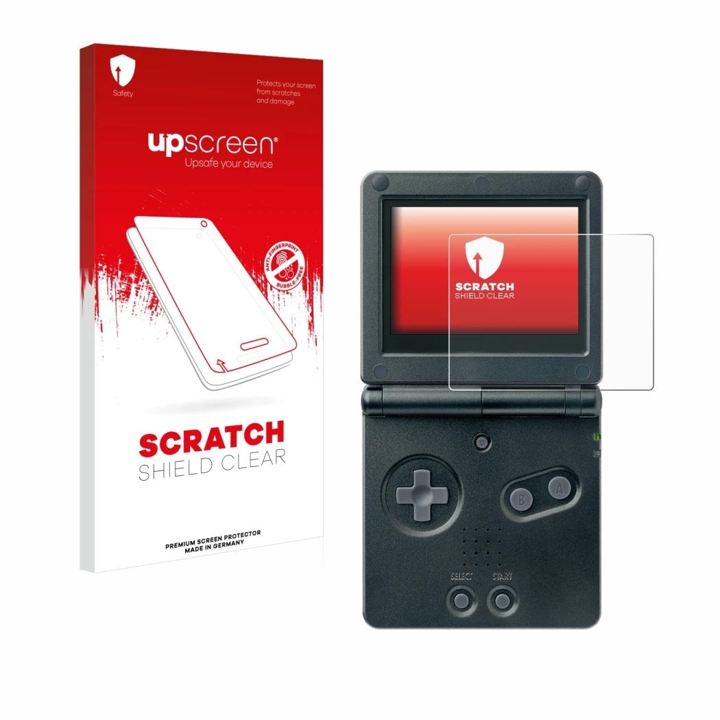 Face avant d’un emballage produit avec le logo de la marque upscreen. À côté, l’appareil Nintendo Gameboy Advance GBA SP est r