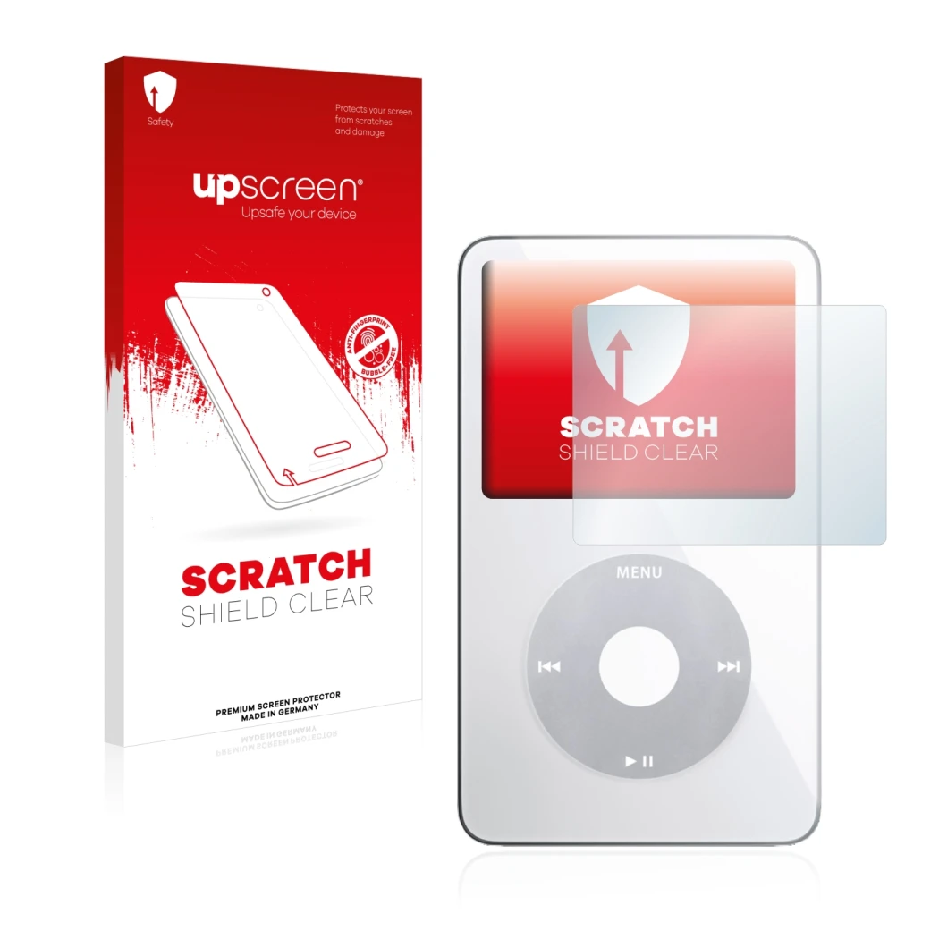 Face avant d’un emballage produit avec le logo de la marque upscreen. À côté, l’appareil Apple iPod classic video Display (5èm