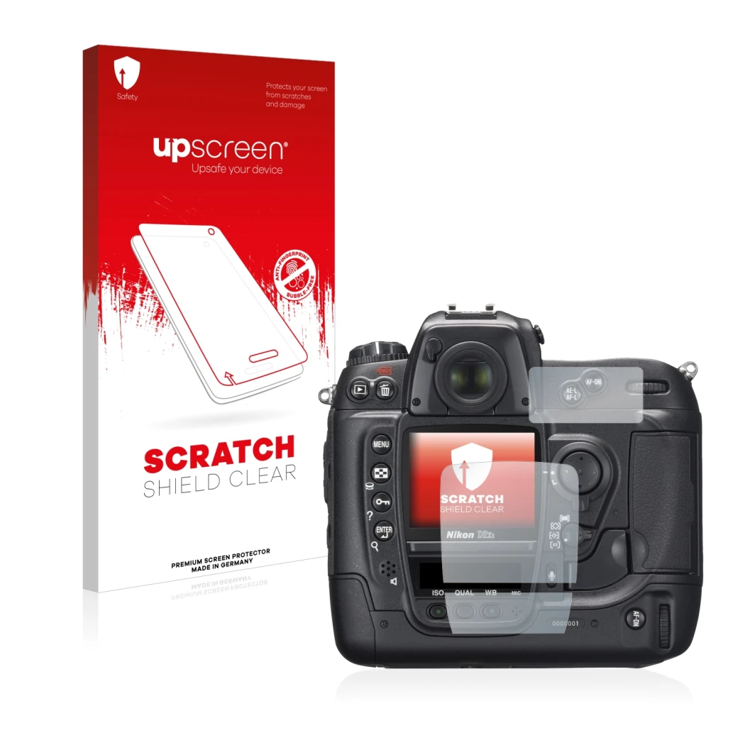 Face avant d’un emballage produit avec le logo de la marque upscreen. À côté, l’appareil Nikon D2X est représenté avec la prot