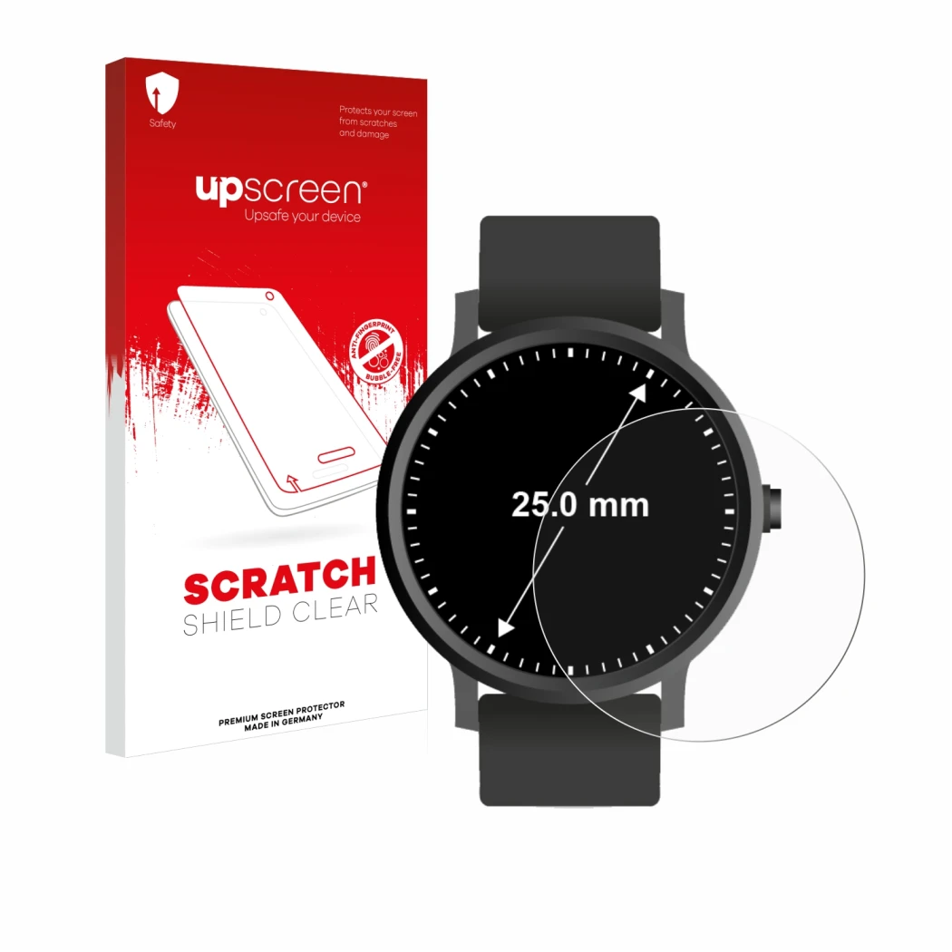 Face avant d’un emballage produit avec le logo de la marque upscreen. À côté, l’appareil Montres (Circulaire, ø: 25 mm) est re