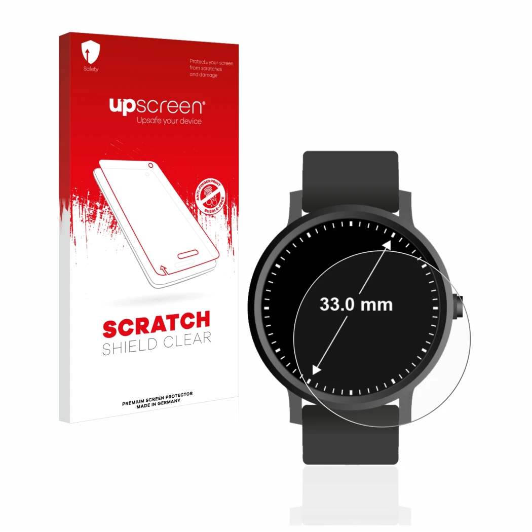 Face avant d’un emballage produit avec le logo de la marque upscreen. À côté, l’appareil Montres (Circulaire, ø: 33 mm) est re