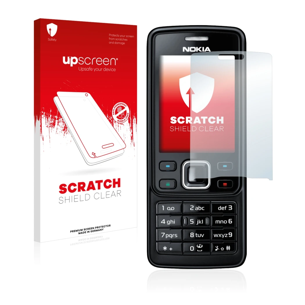 Face avant d’un emballage produit avec le logo de la marque upscreen. À côté, l’appareil Nokia 6300 2007 est représenté avec l