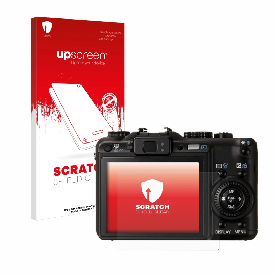 Face avant d’un emballage produit avec le logo de la marque upscreen. À côté, l’appareil Canon PowerShot G9 est représenté ave