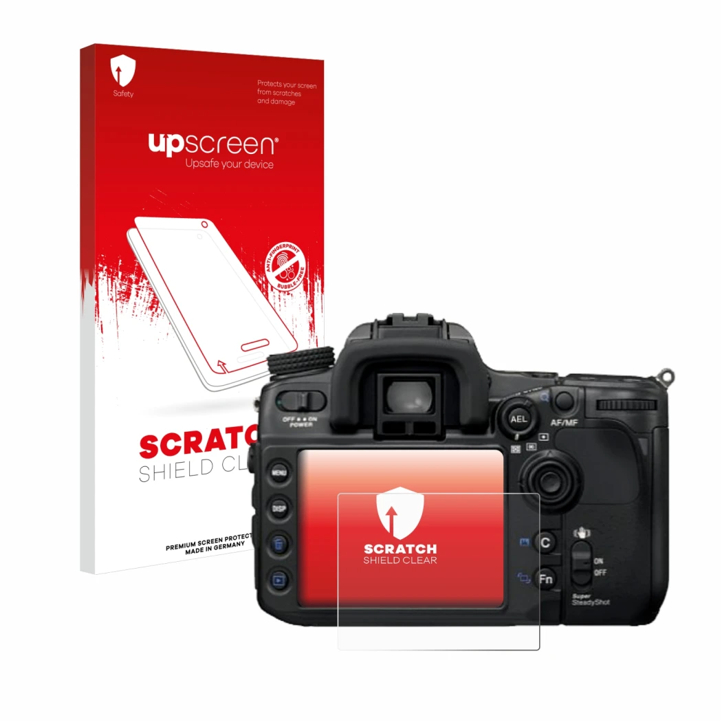 Face avant d’un emballage produit avec le logo de la marque upscreen. À côté, l’appareil Sony Alpha 700 (DSLR-A700) est représ
