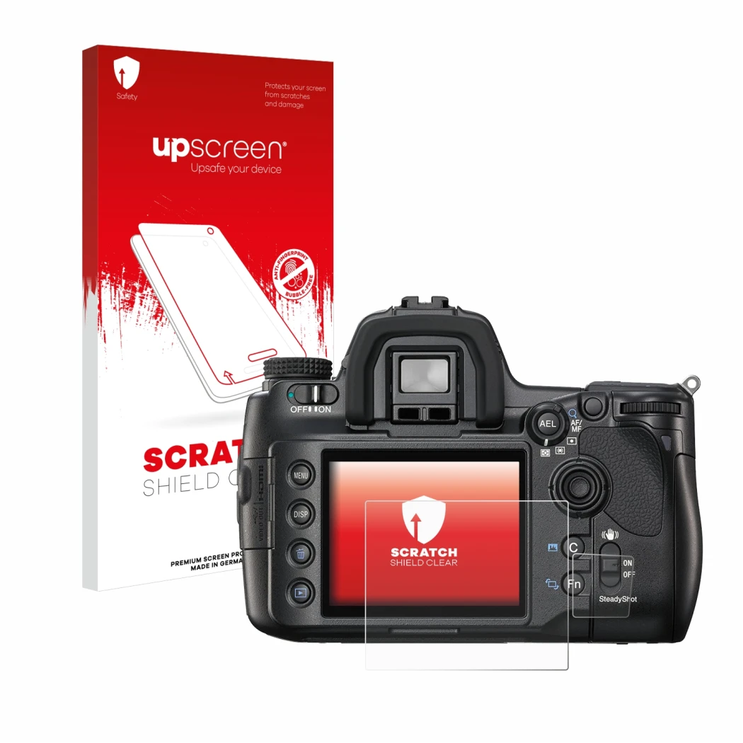 Face avant d’un emballage produit avec le logo de la marque upscreen. À côté, l’appareil Sony Alpha 900 (DSLR-A900) est représ
