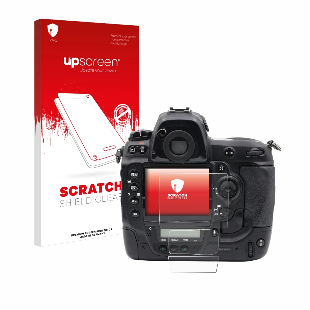 Face avant d’un emballage produit avec le logo de la marque upscreen. À côté, l’appareil Nikon D3x est représenté avec la prot