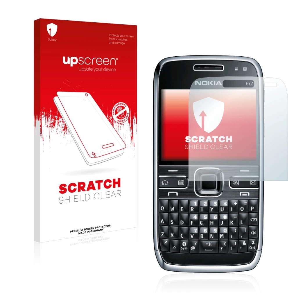 Face avant d’un emballage produit avec le logo de la marque upscreen. À côté, l’appareil Nokia E72 est représenté avec la prot