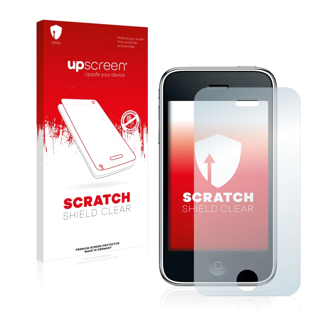 Face avant d’un emballage produit avec le logo de la marque upscreen. À côté, l’appareil Apple iPhone 3GS est représenté avec