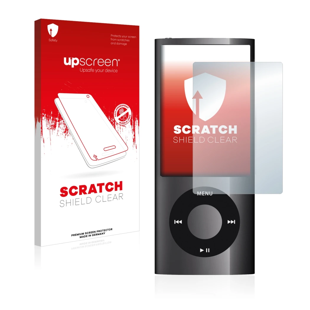 Face avant d’un emballage produit avec le logo de la marque upscreen. À côté, l’appareil Apple iPod nano 2009 (5ème Gen.) est